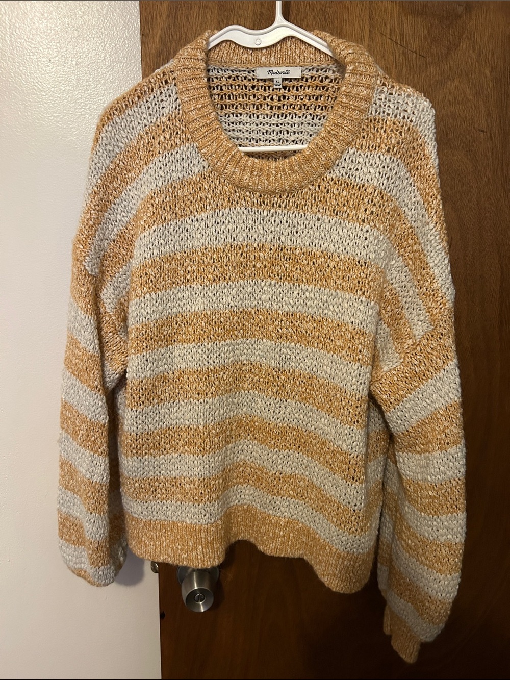 Madewell Cream and Yellow Striped Open-Knit Crewneck Sweater
